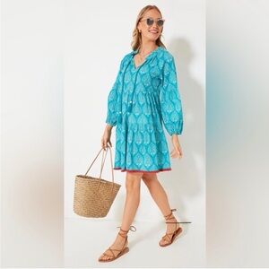 Tuckernuck Tropical Teal Lantern Block Print Tie Neck Dress
